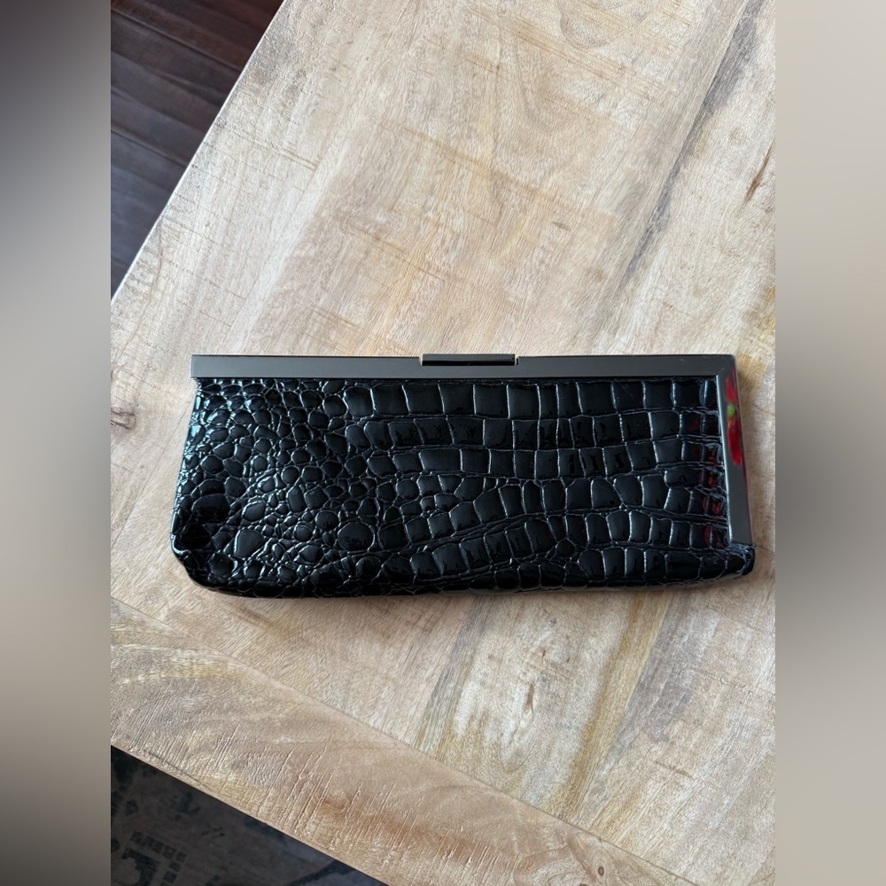 Cache Black Croc-Embossed Patent Clutch